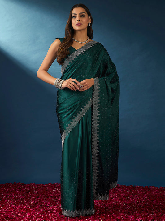 Women's Satin Silk Teal blue Embellished Designer Saree With Blouse Piece