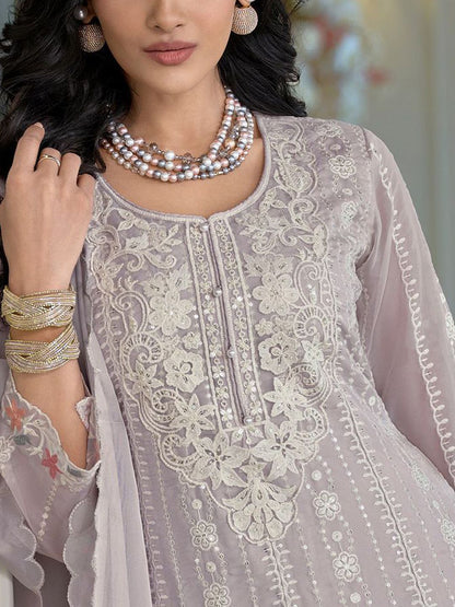 Adults-Women Woven Design Embroidered Anarkali Kurta with Trousers & Dupatta