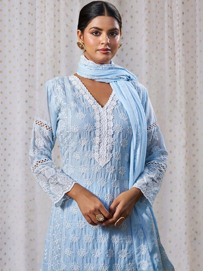 Women Ethnic Motifs Embroidered Regular Chikankari Pure Cotton Kurta with Trousers & With Dupatta