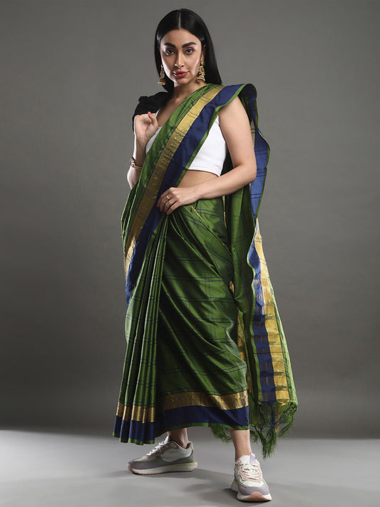 Women's Cotton Blend Green Woven Design Designer Saree With Blouse Piece
