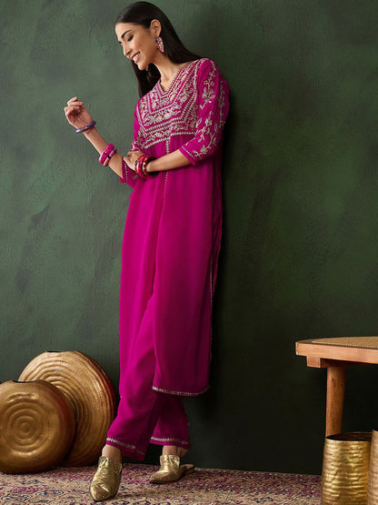 Dhiyona SN Women's Alina Cut Floral Yoke Design High Slit Zari Fusion Kurta With Trousers