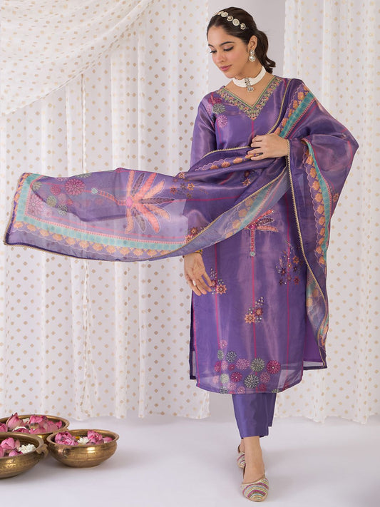 Dhiyona IE Floral Printed V-Neck Zari Straight Kurta With Trouser And Dupatta