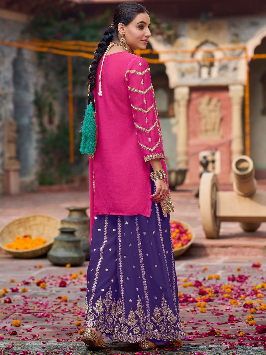 Floral Embroidered Sequinned Chinon Straight Kurta With Palazzos & Dupatta