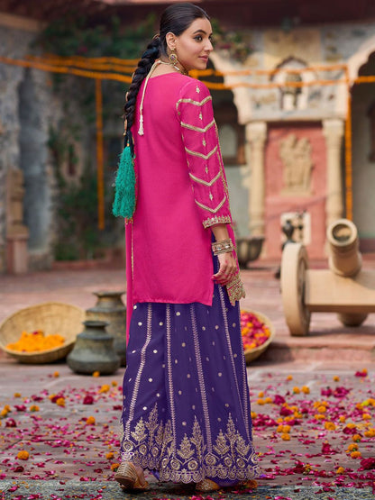 Floral Embroidered Sequinned Chinon Straight Kurta With Palazzos & Dupatta