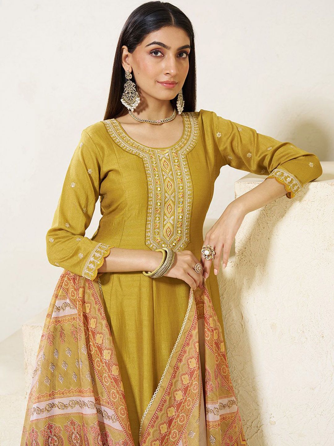 Dhiyona CH Women Floral Embroidered Pleated Mirror Work Kurta with Trousers & Dupatta