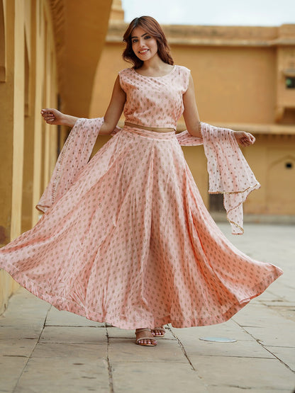 Cream Gold Print Lehenga Choli With Dupatta