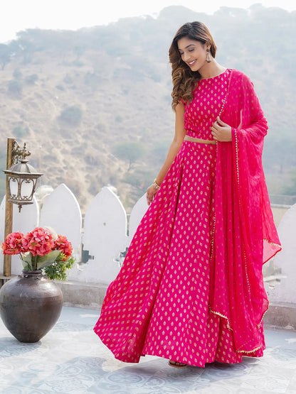 Women Pink Printed Cholis Kurta Lehenga and Dupatta Set