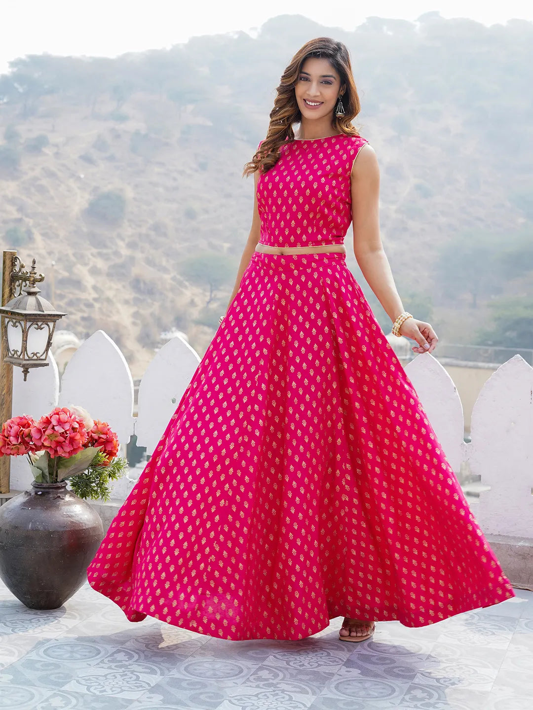 Women Pink Printed Cholis Kurta Lehenga and Dupatta Set