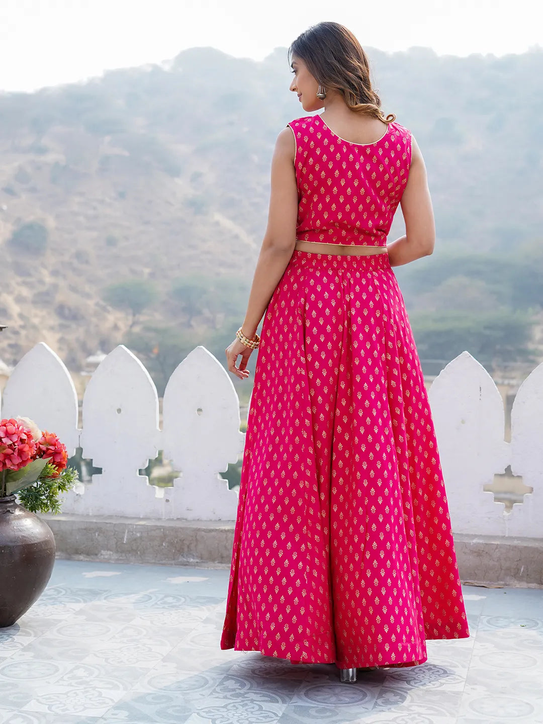 Women Pink Printed Cholis Kurta Lehenga and Dupatta Set