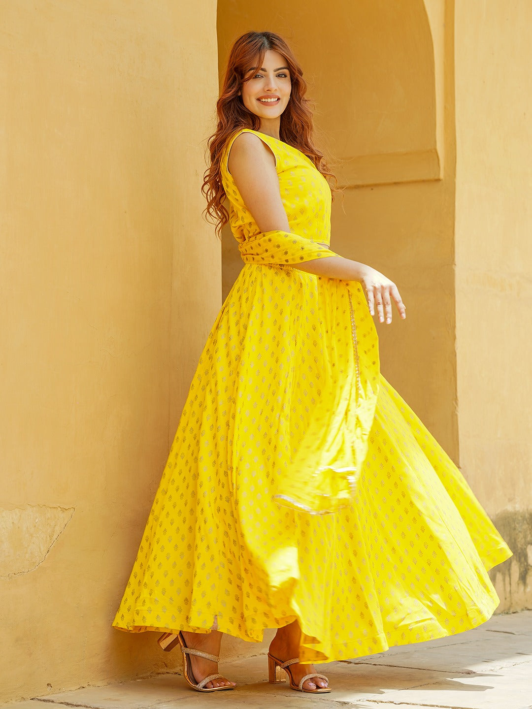 Yellow Gold Print Lehenga Choli With Dupatta