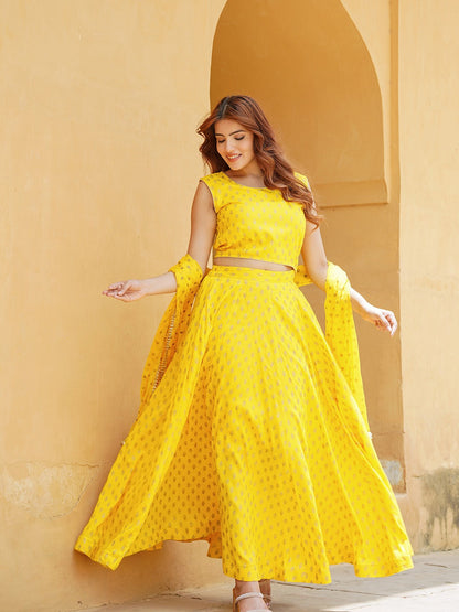 Yellow Gold Print Lehenga Choli With Dupatta