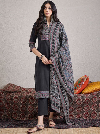Ethnic Motifs Embroidered Mirror Work Pure Cotton Kurta With Trousers & Dupatta