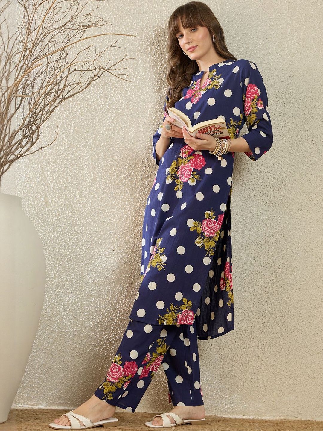 Dhiyona IE Printed Mandarin Collar Three-Quarter Sleeves Pure Cotton Tunic And Trousers