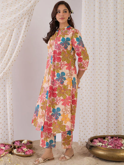 Dhiyona IE Floral Printed Mandarin Collar Pure Cotton A-Line Tunic With Trouser