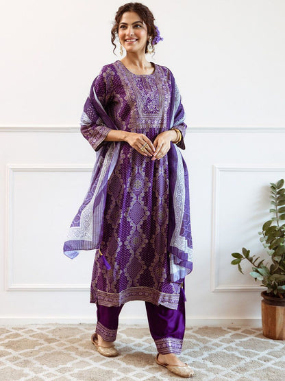 Dhiyona IS Women's Purple Bandhani Printed Round Neck Straight Kurta With Palazzos & Dupatta
