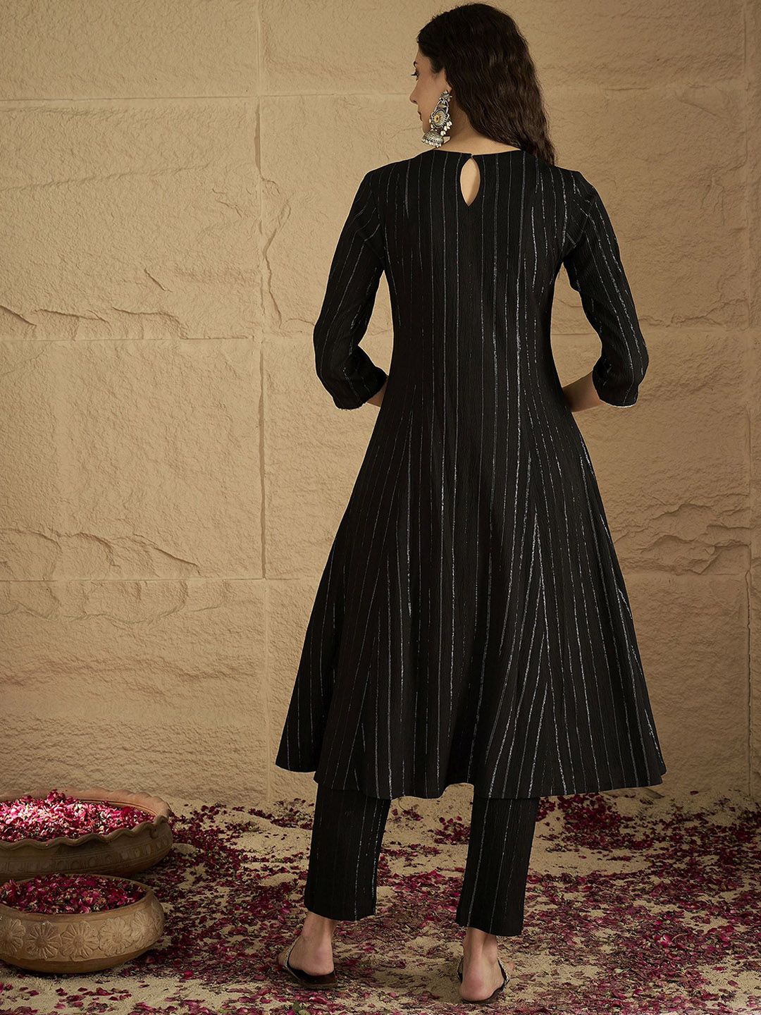 Dhiyona VA Women's Striped Round Neck Gotta Patti Silk Crepe Kurta with Trousers