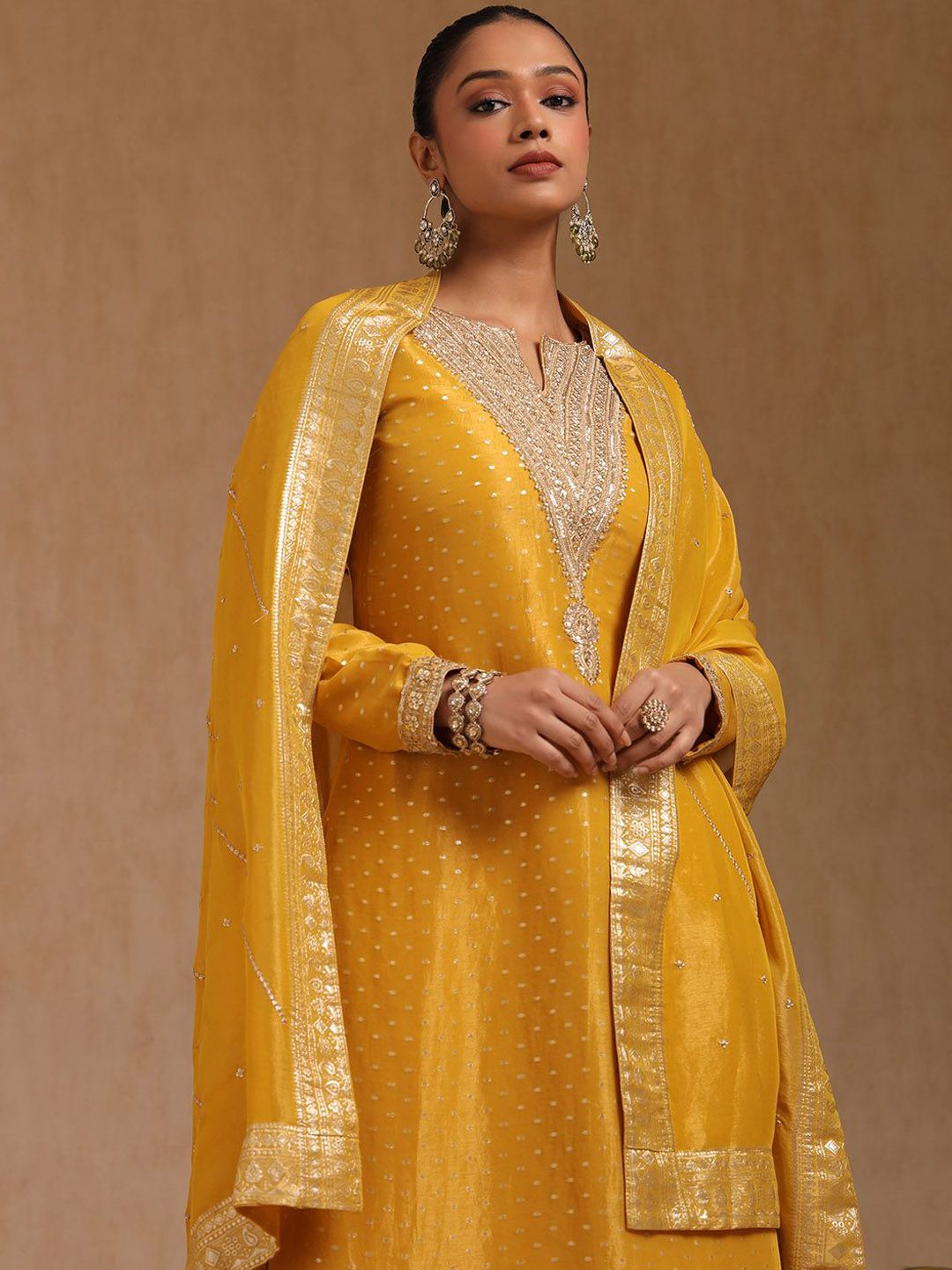 Dhiyona SO Women's Woven Design Ethnic Motifs Sequinned Straight Kurta with Trouser & Dupatta