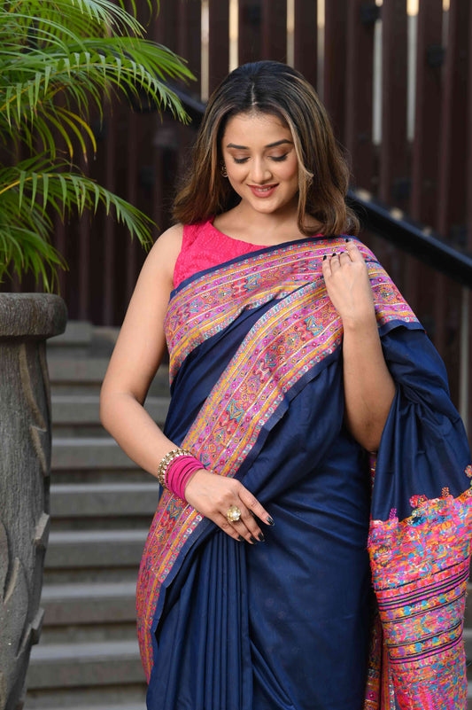 Dhiyona GR Women's Jodha Navy Blue Jamewar Kashmiri Soft Modal Silk Saree