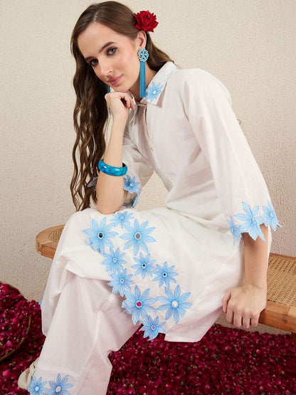 Women Floral Embroidered Regular Thread Work Pure Cotton Kurta with Trousers