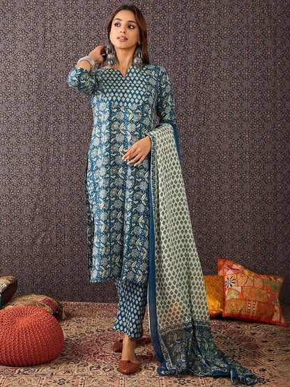 Women Ethnic Motifs Printed Cotton Kurta with Trousers & Dupatta