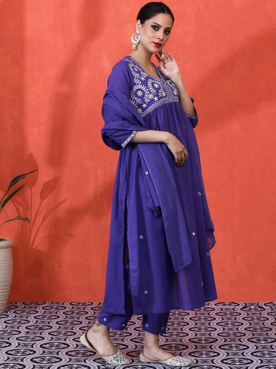 Dhiyona SN Women's Floral Embroidered Pure Cotton Anarkali Kurta And Trousers With Dupatta