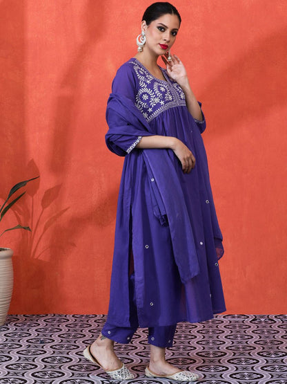 Dhiyona SN Women's Floral Embroidered Pure Cotton Anarkali Kurta And Trousers With Dupatta