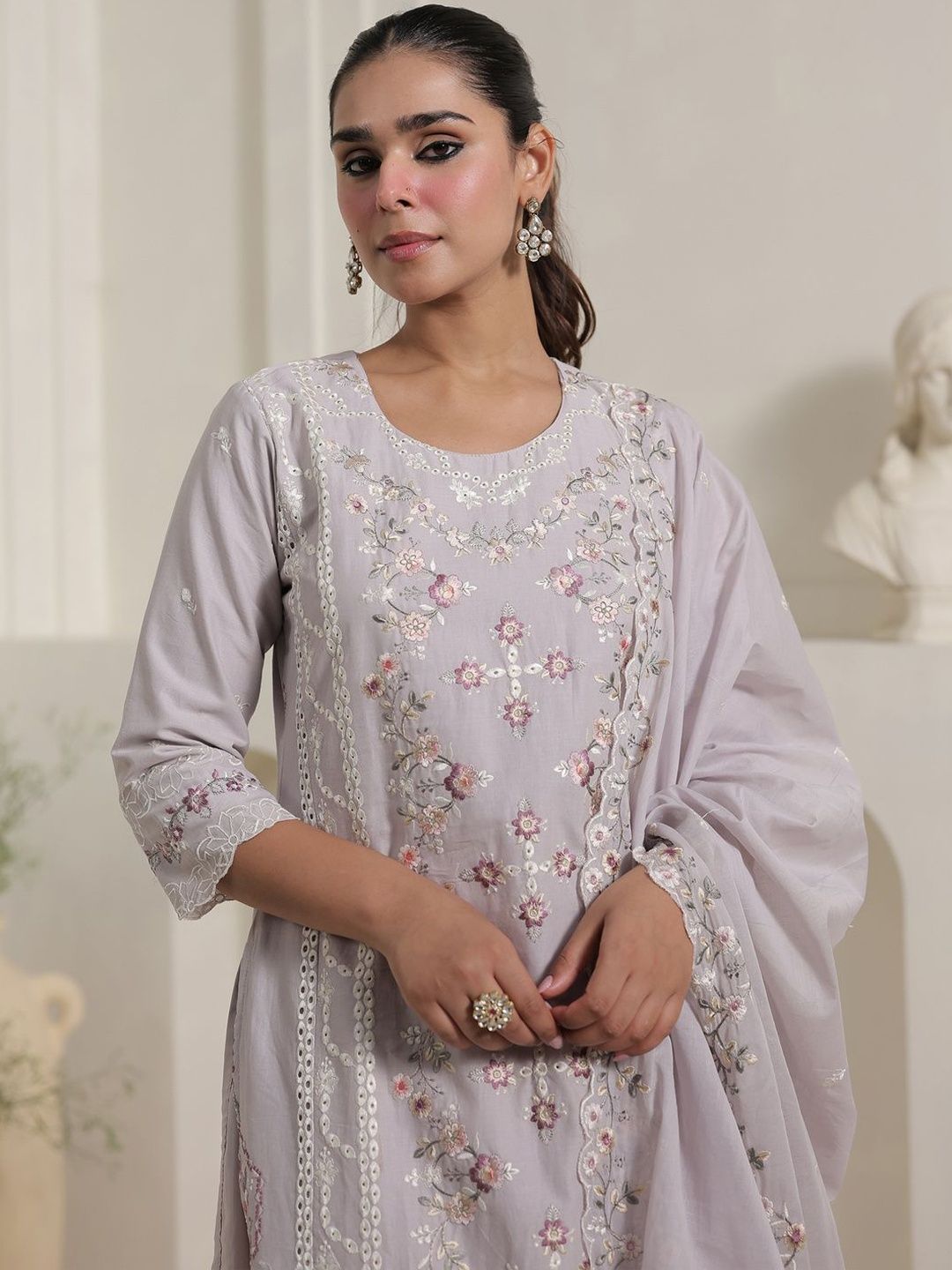 Women Floral Embroidered Cotton Kurta with Trousers & Dupatta