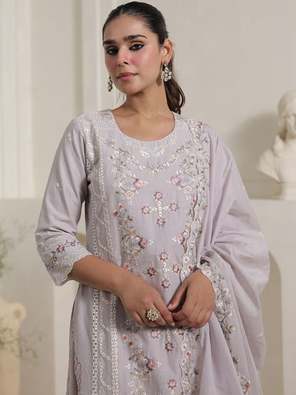 Women Floral Embroidered Cotton Kurta with Trousers & Dupatta