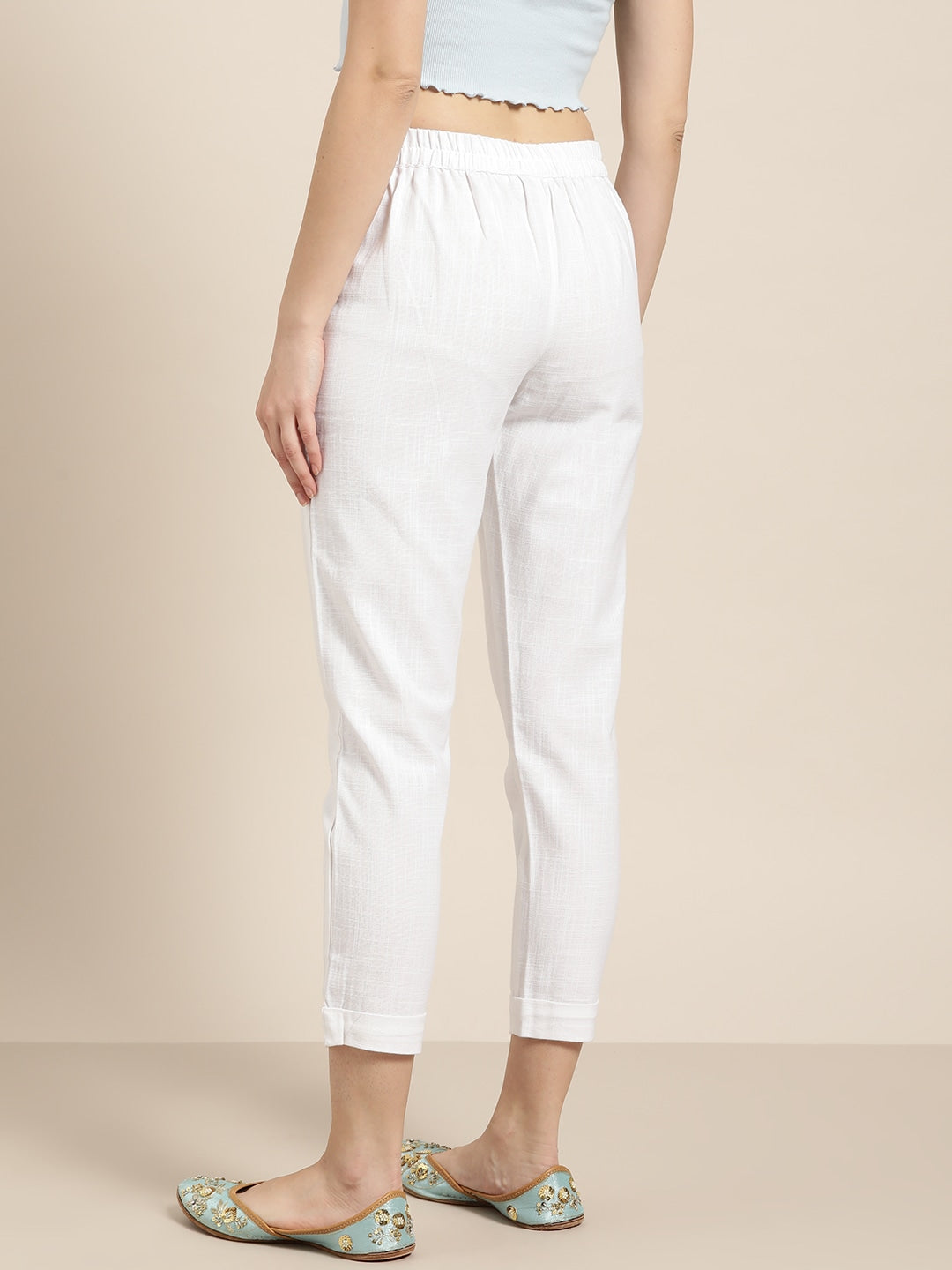 White Relaxed Mid-Rise Slim Fit Cotton Cigarette Trousers
