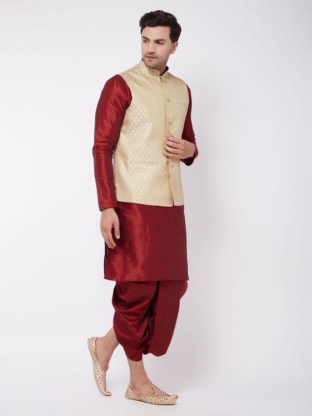 Men's Maroon Silk Blend Straight Jacket  Kurta and Dhoti Set