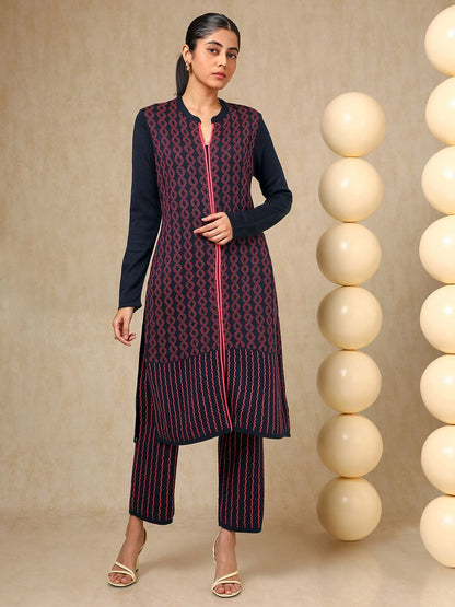 Dhiyona SO Women's Navy Blue Geometric Woven Design Mandarin Collar Acrylic Straight Kurta With Trouser