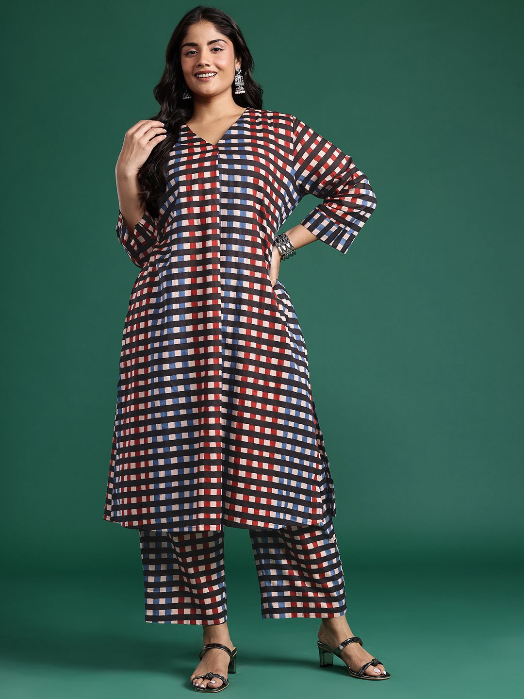 Pleated Checked Cotton Kurta with Palazzos