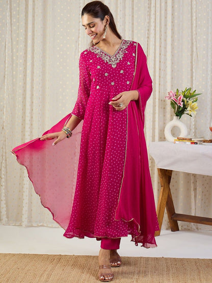 Ethnic Motifs Printed V-Neck Sequinned Georgette Kurta With Trousers & Dupatta
