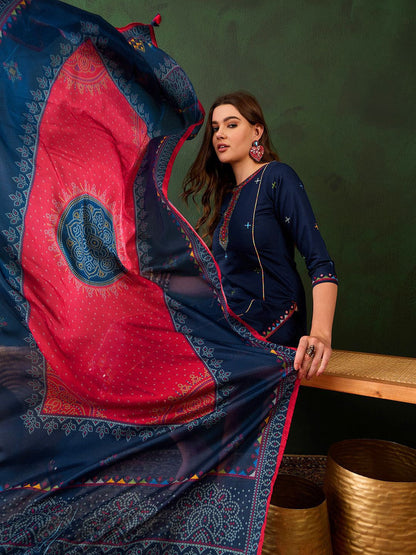 Dhiyona SN Women's Sequence Embroidered Straight Kurta & Trousers With Dupatta