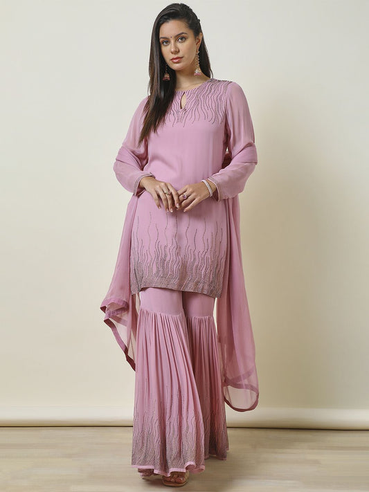 Dhiyona SO Women's Embroidered Regular Beads and Stones Straight Kurti with Sharara & Dupatta