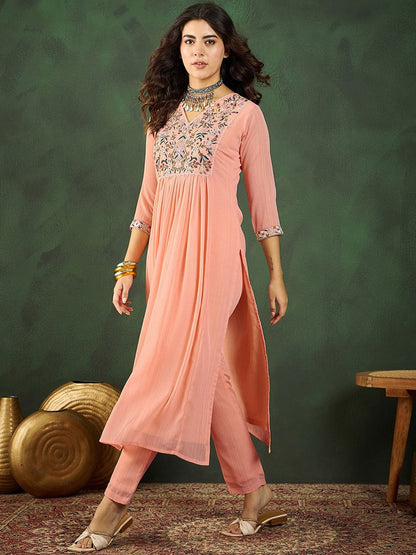 Dhiyona SN Women's V-Neck Embroidered Kurta Sets