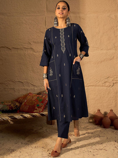 Women Ethnic Motifs Embroidered Pure Cotton A-Line Kurta with Trouser