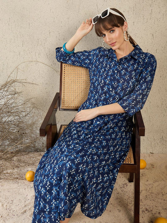 Dhiyona IE Women Printed Shirt Collar Cotton Top and Trousers Co-Ords