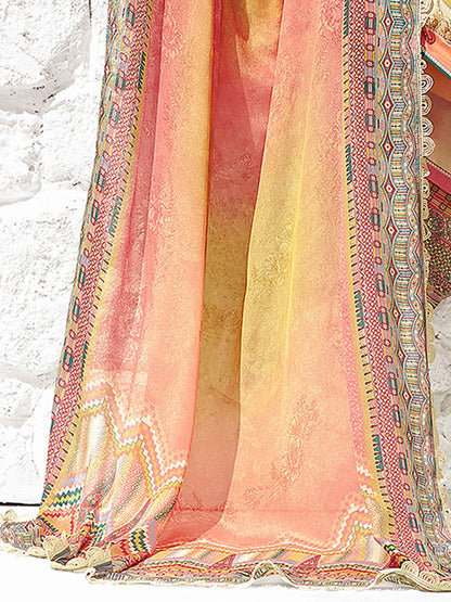 Dhiyona IE Peach Coloured Floral Printed Straight Kurta with Trousers & Dupatta