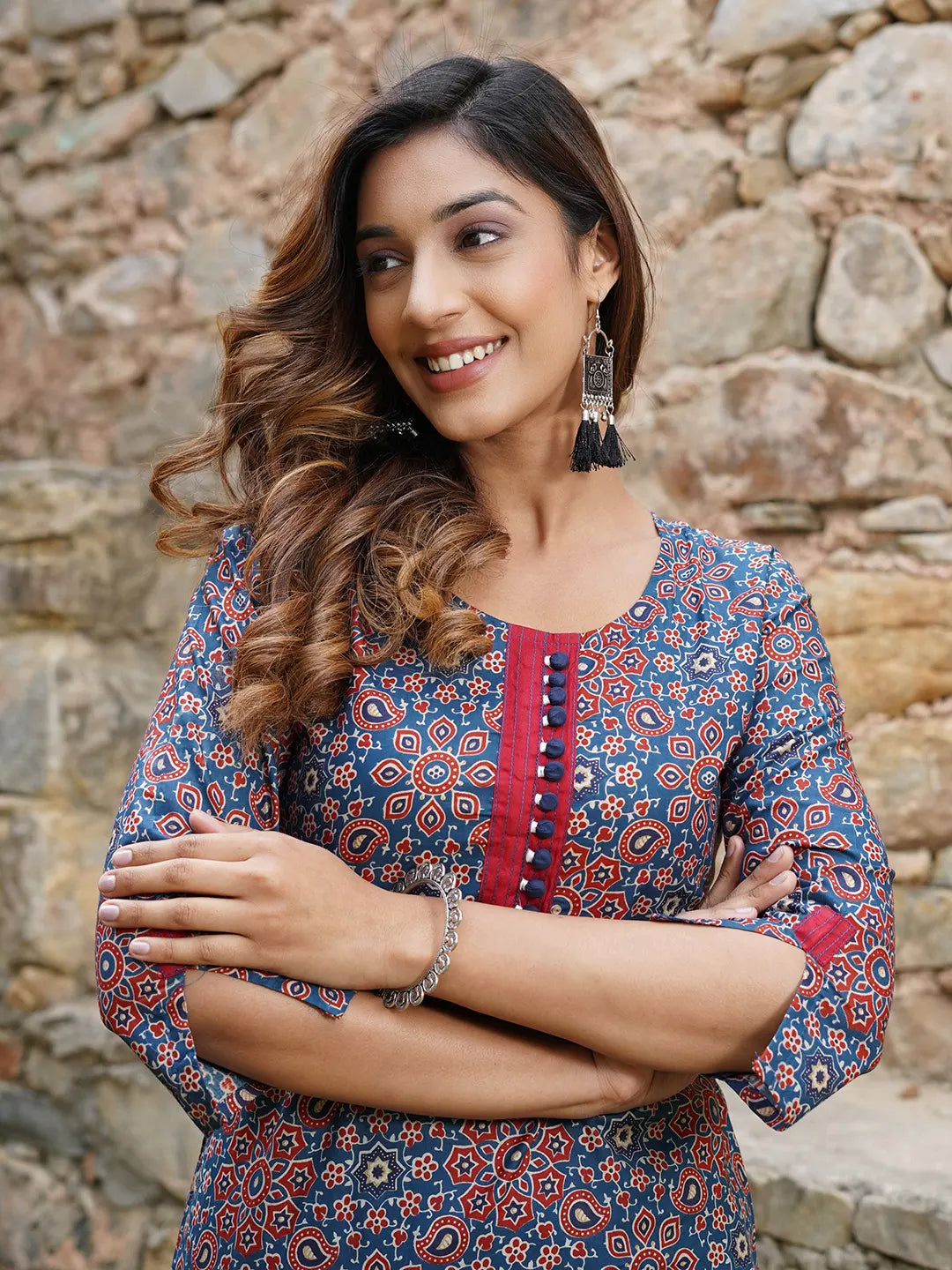 Women Blue And Rust Printed A-Line Kurta Pant Set