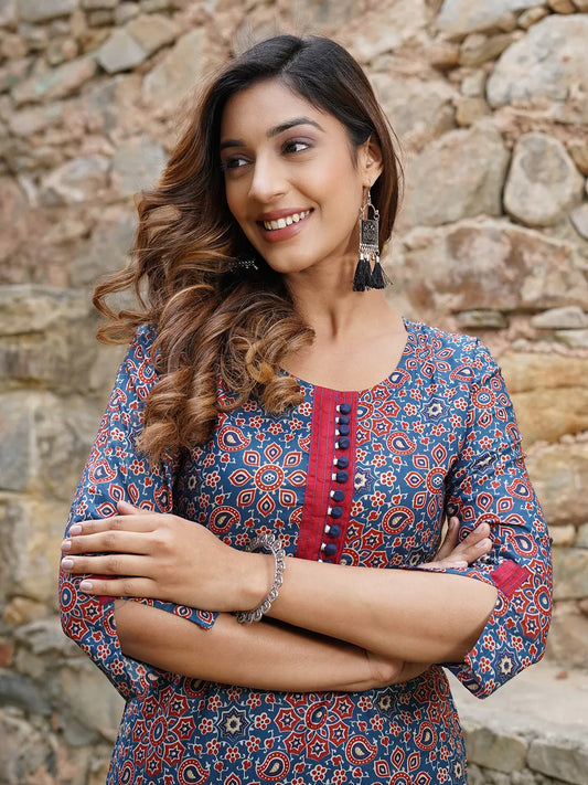 Women Blue And Rust Printed A-Line Kurta Pant Set