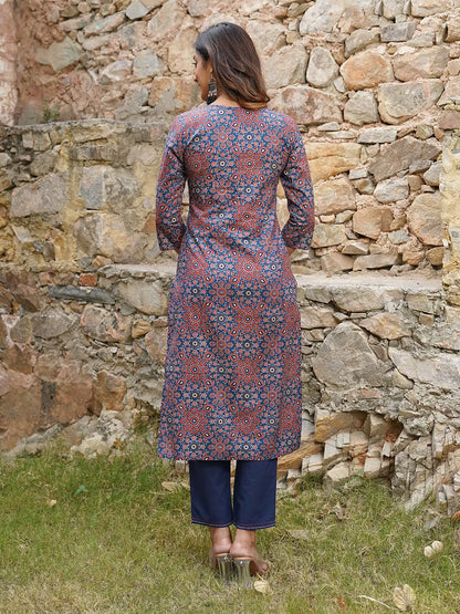 Women Blue And Rust Printed A-Line Kurta Pant Set