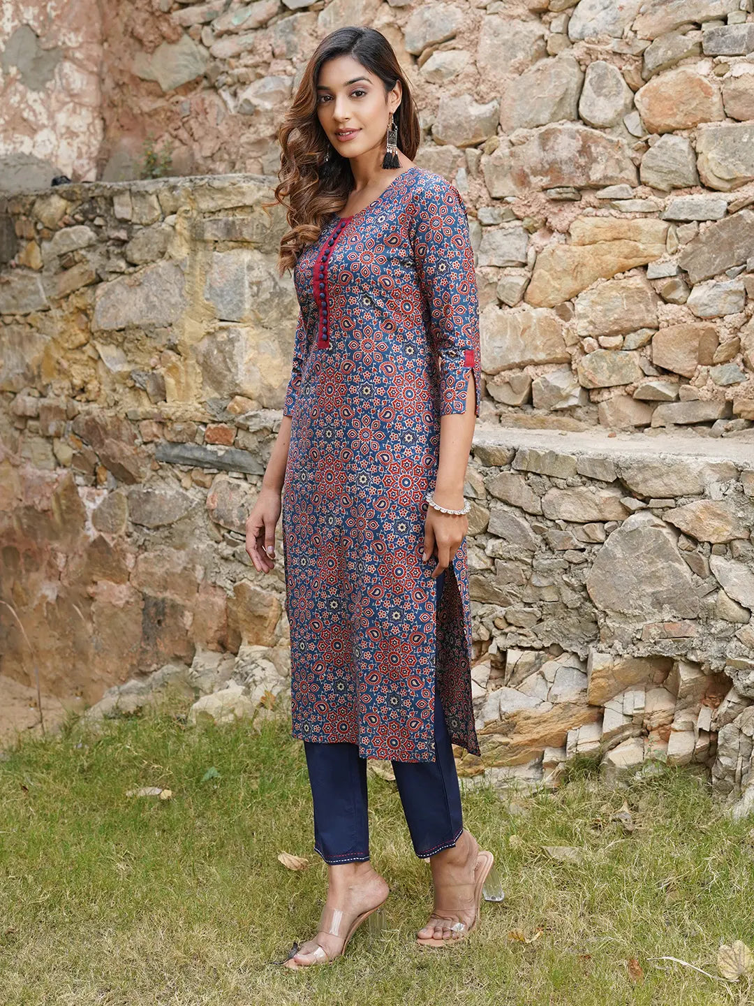 Women Blue And Rust Printed A-Line Kurta Pant Set