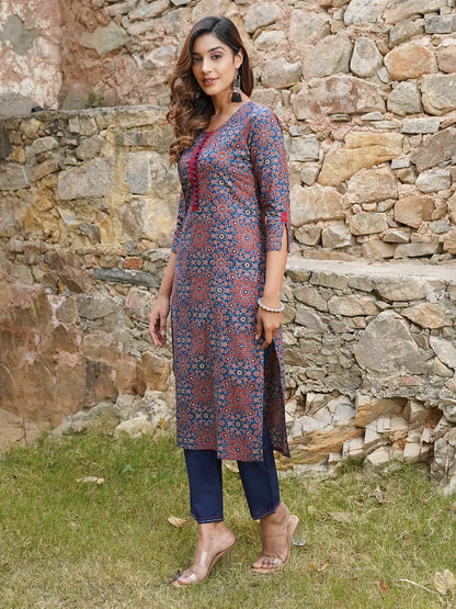 Women Blue And Rust Printed A-Line Kurta Pant Set