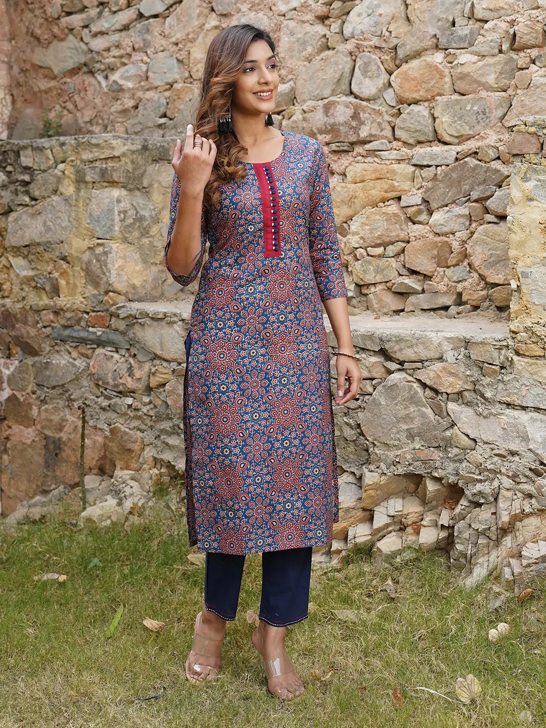 Women Blue And Rust Printed A-Line Kurta Pant Set