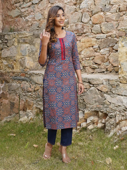 Women Blue And Rust Printed A-Line Kurta Pant Set