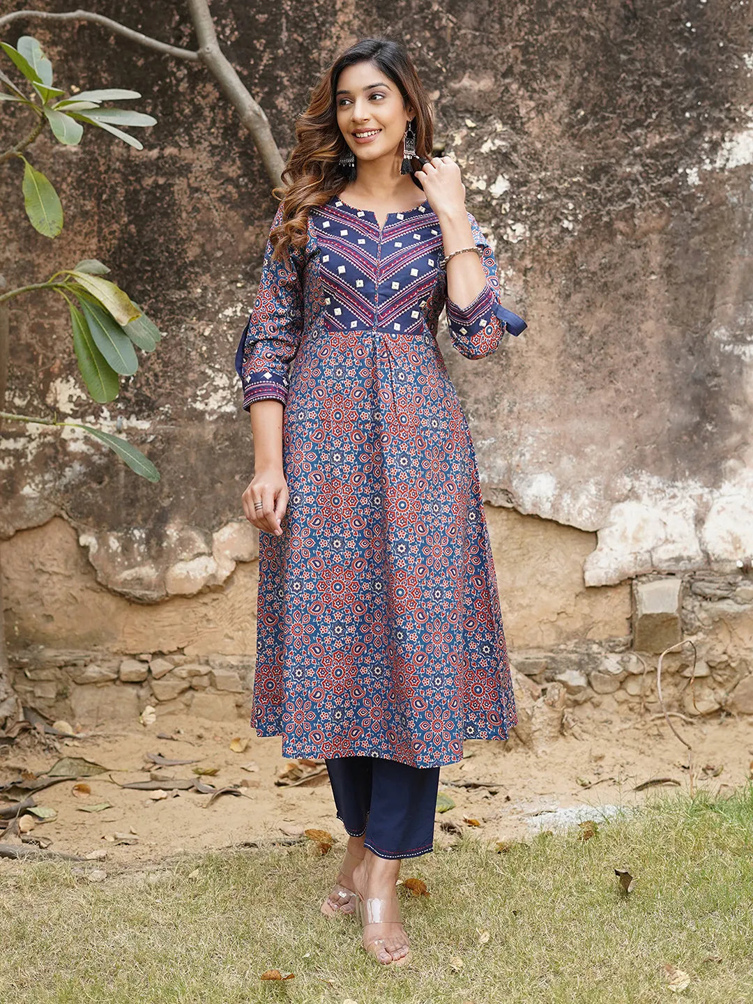 Women Blue And Rust Printed Straight Kurta Pant Set