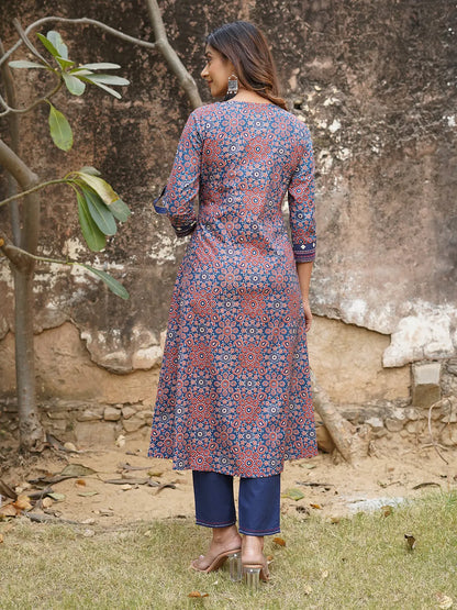 Women Blue And Rust Printed Straight Kurta Pant Set