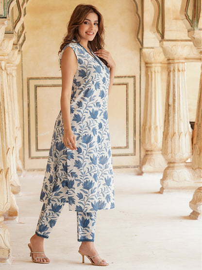 Women Blue Floral Straight Kurta Pant Set
