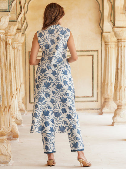 Women Blue Floral Straight Kurta Pant Set